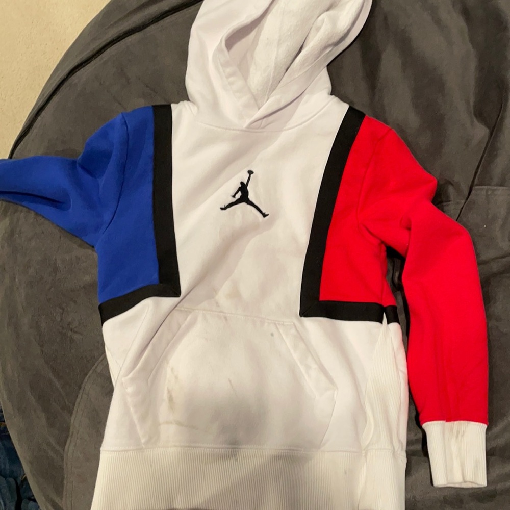 Comfortable red white and blue Jordan hoodie